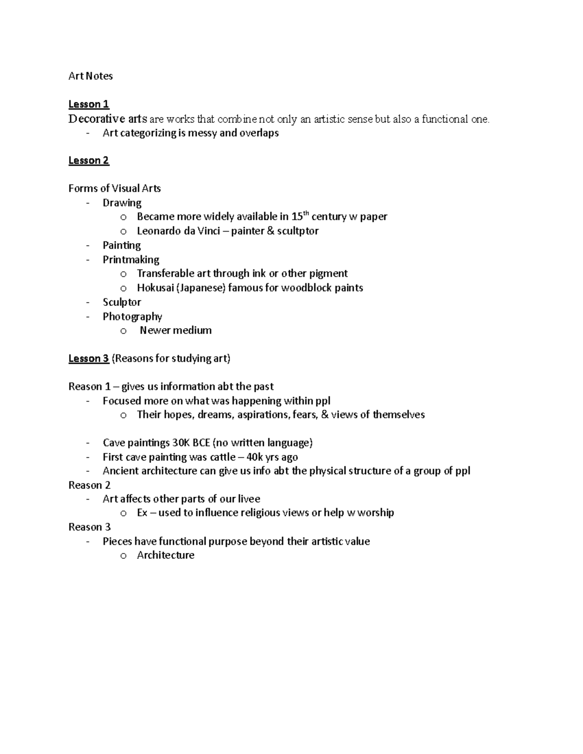 Unit 1 summary of lessons - Art Notes Lesson 1 Decorative arts are ...