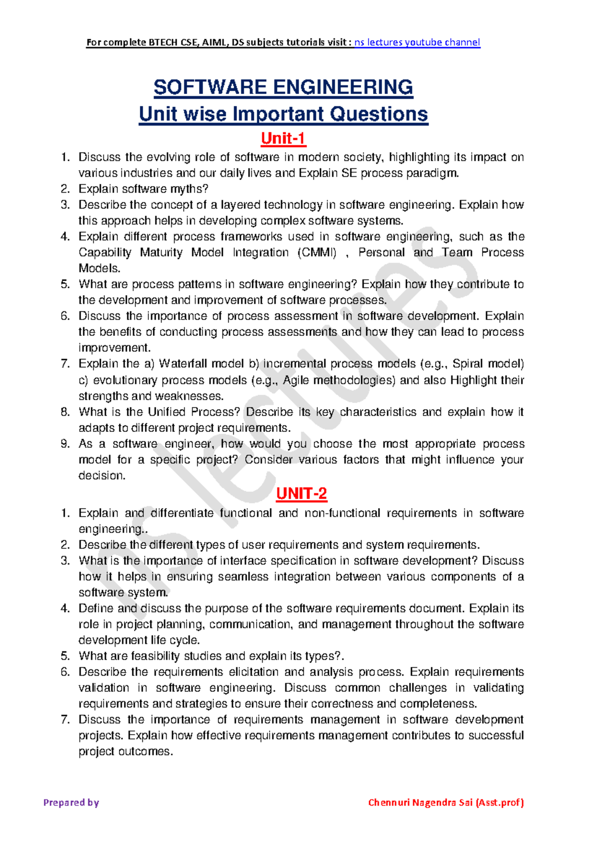 SE Unitwise imp questions - For complete BTECH CSE, AIML, DS subjects ...