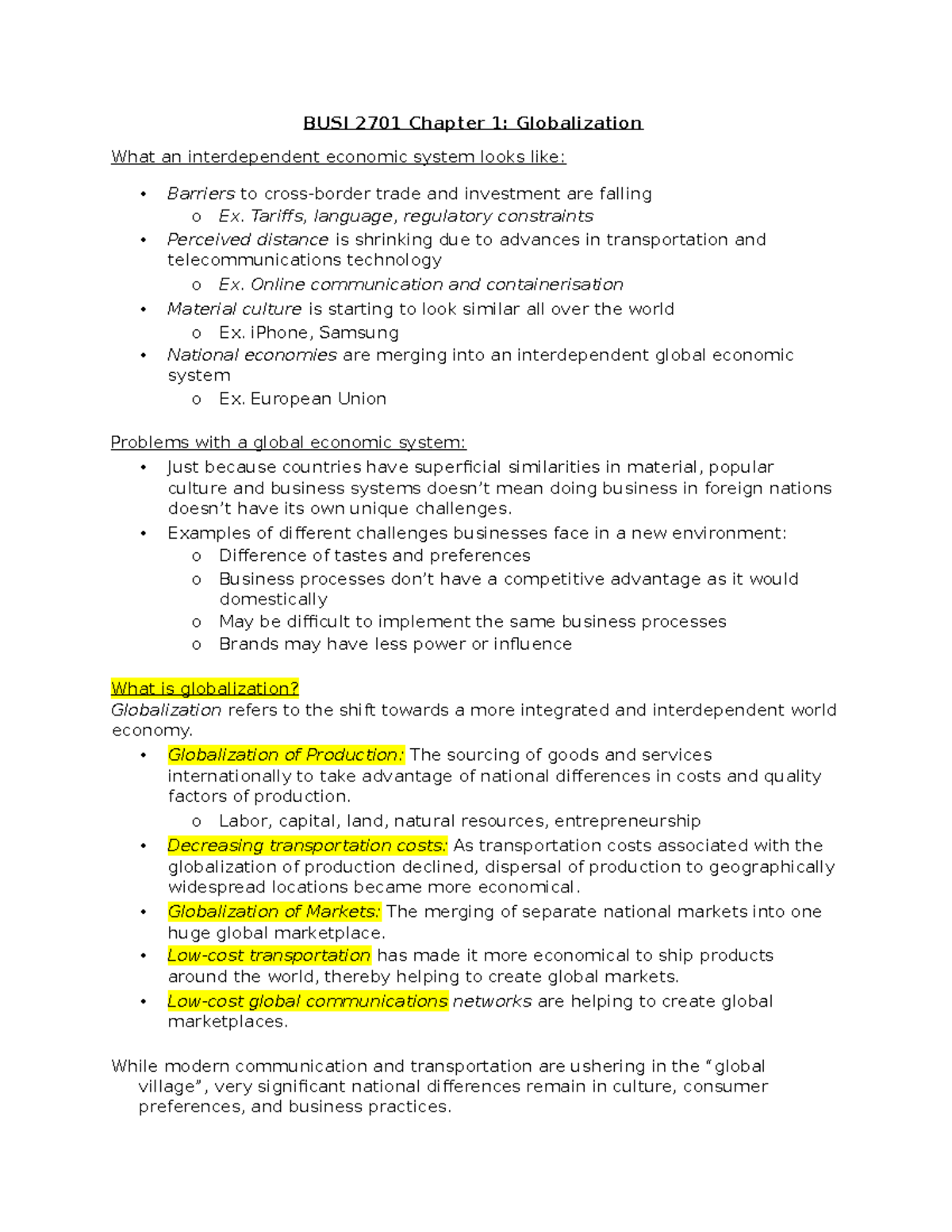 Chapter 1 Notes - Globalization - BUSI 2701 Chapter 1: Globalization ...
