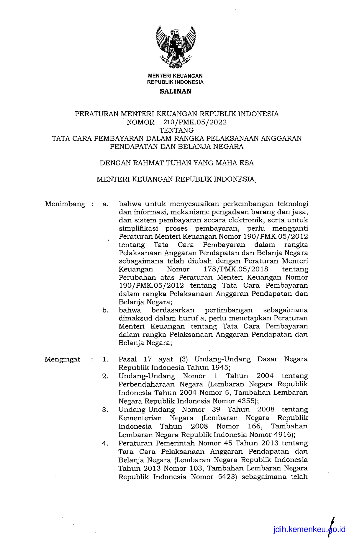 210 PMK 2022 Pelaksanaan Anggaran - MENTER! KEUANGAN REPUBLIK INDONESIA ...