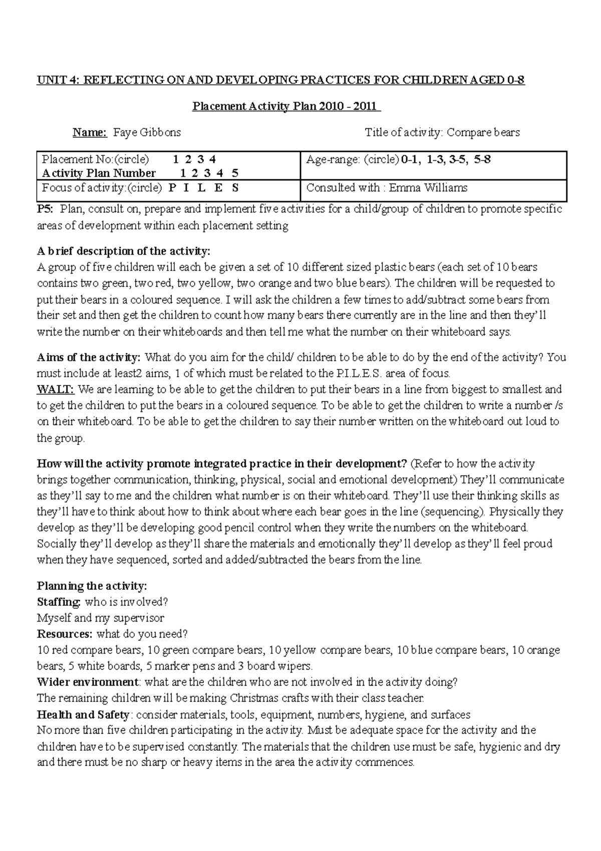 Activity plan 2 - fourth placement - UNIT 4: REFLECTING ON AND ...