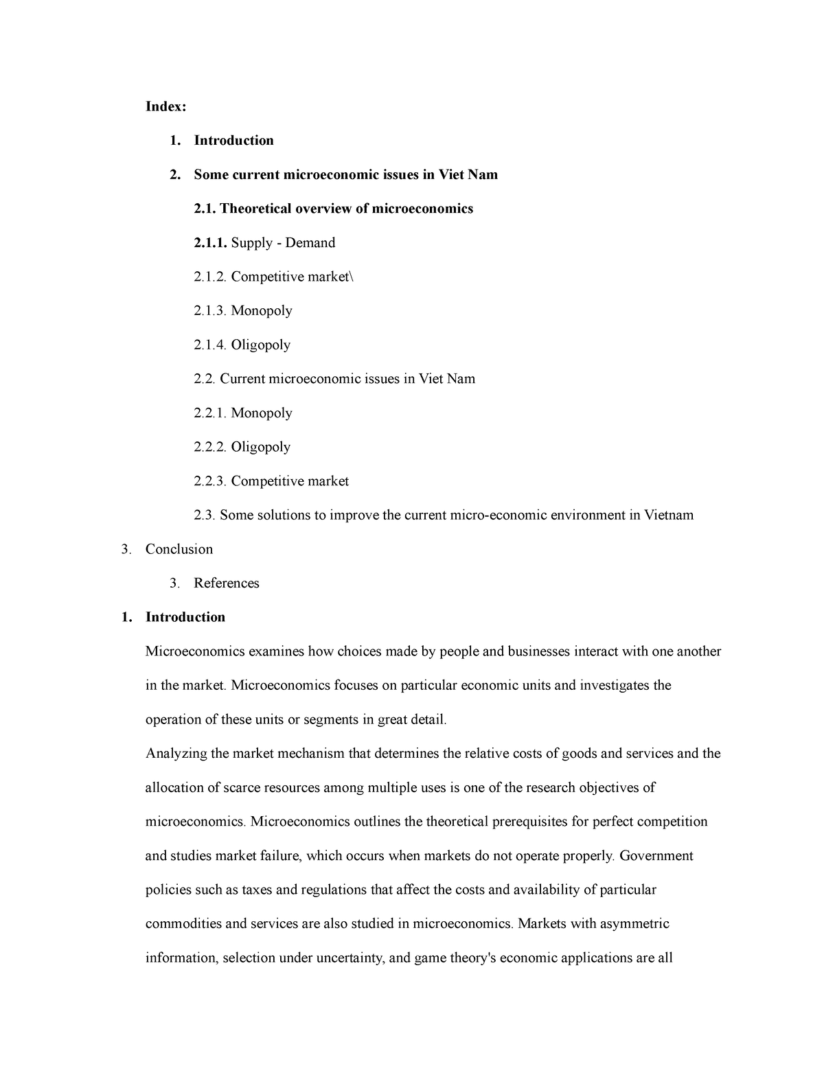 Current microeconomic issues group Jean Index 1. Introduction 2