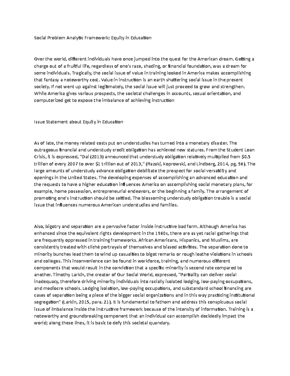 Education equity - essay - Social Problem Analytic Framework: Equity in ...
