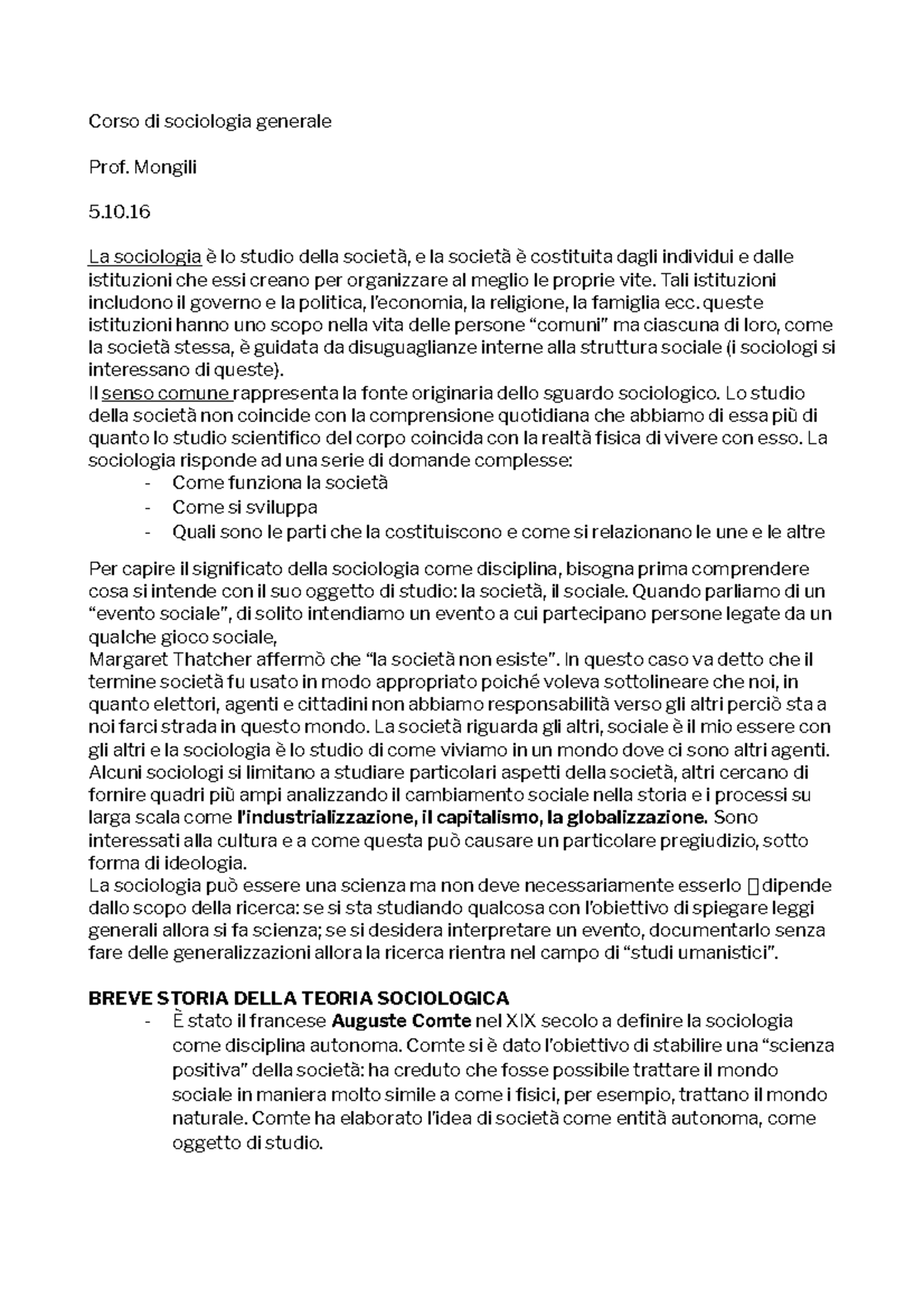 Sociologia Generale - Appunti Di Lezione - Corso Di Sociologia Generale ...