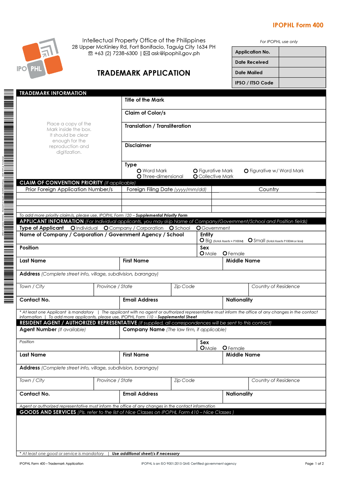 Intellectual Property Office - PHIL Form 400 - IPOPHL Form 400 IPOPHL