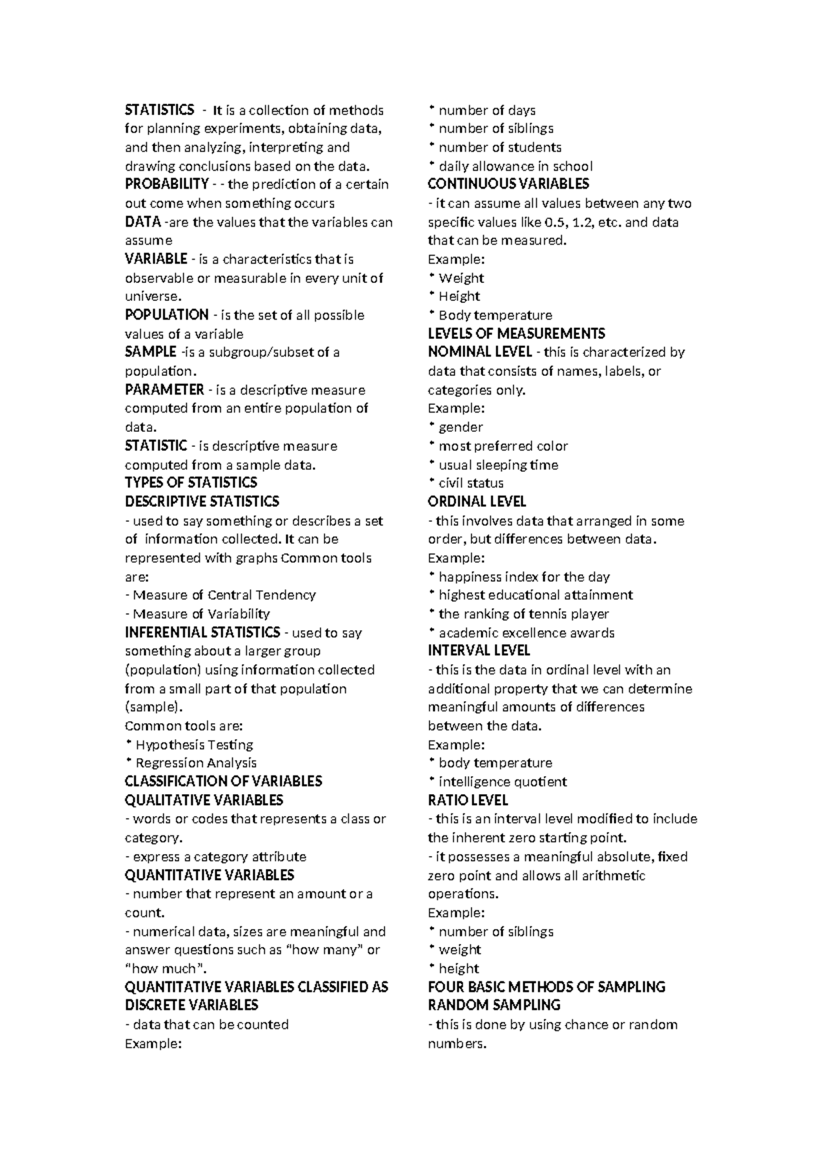 Statistics - Review material - STATISTICS - It is a collection of ...