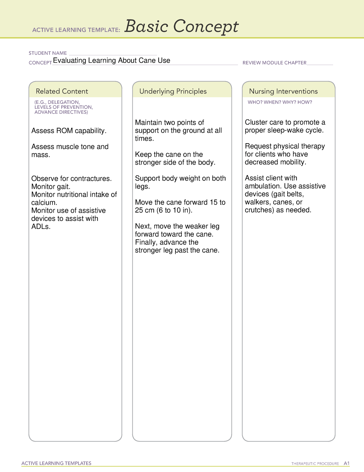 Active Learning Template Basic Concept Cane use - NUR1025 - ACTIVE ...