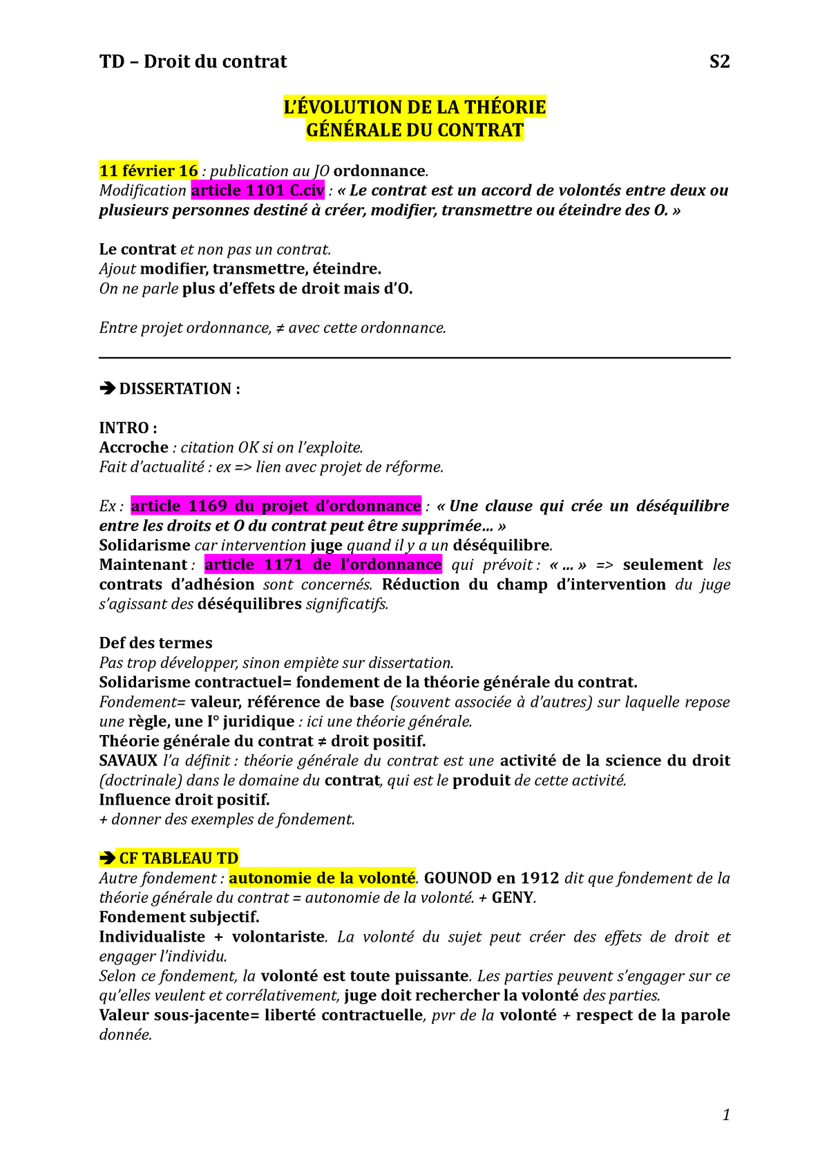 S2 Td Droit Des Contrats Td Droit Du Contrat S2 L Evolution De La Theorie Generale Du Contrat Studocu