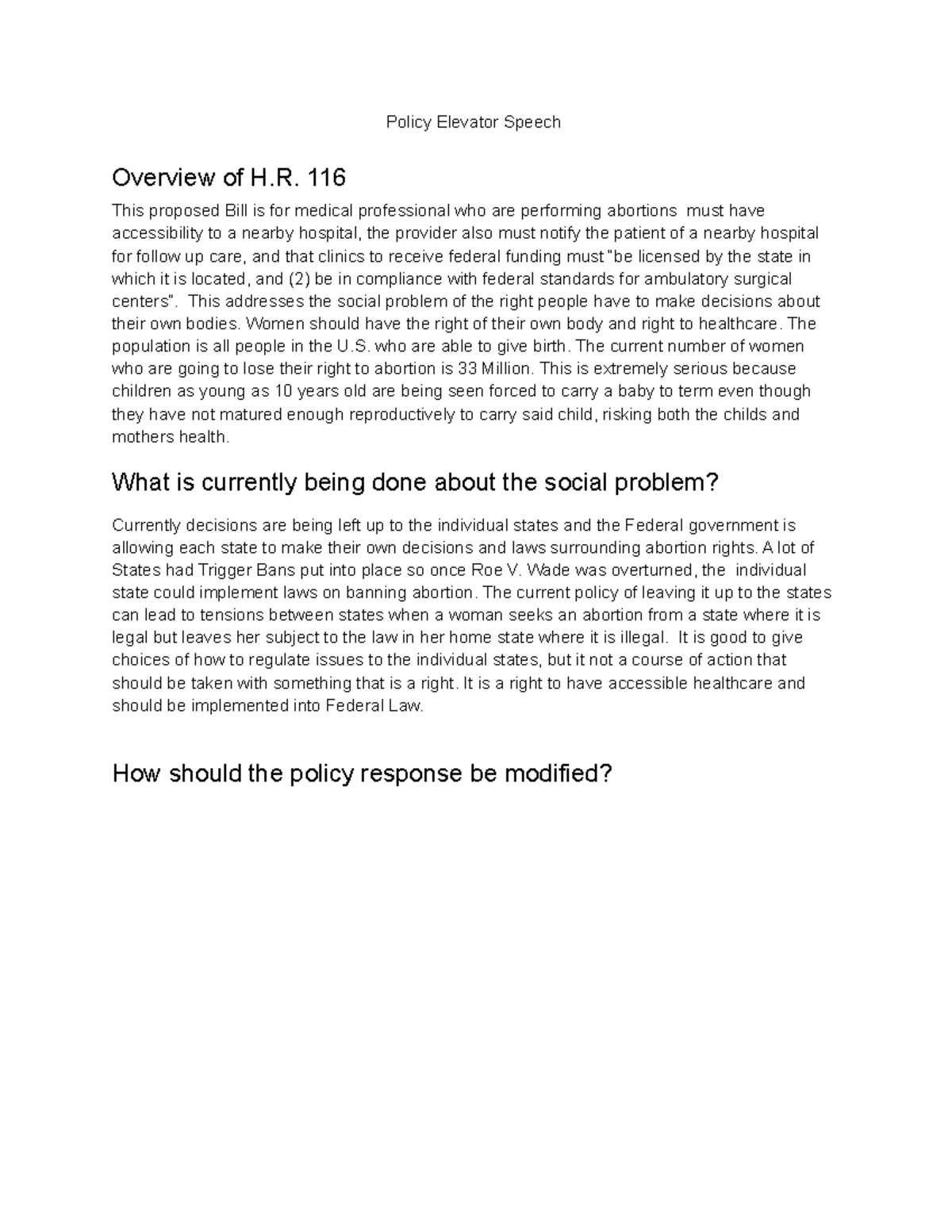 Policy Elevator Speech Policy Elevator Speech Overview of H. 116 This
