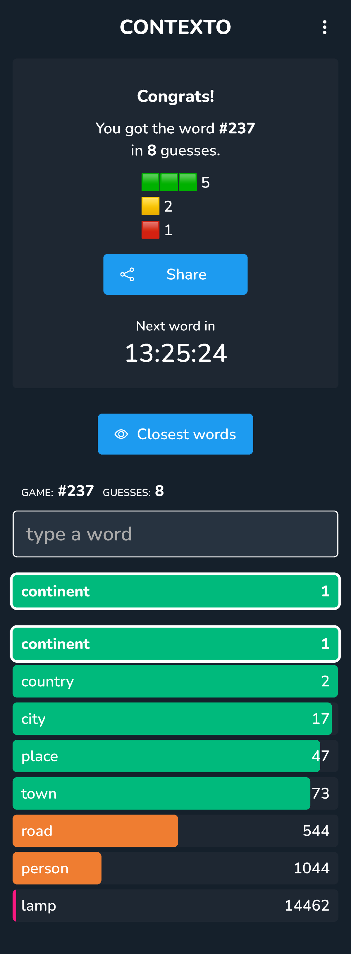 Contexto - continent - CONTEXTO Congrats! You got the word # 237 in 8 ...