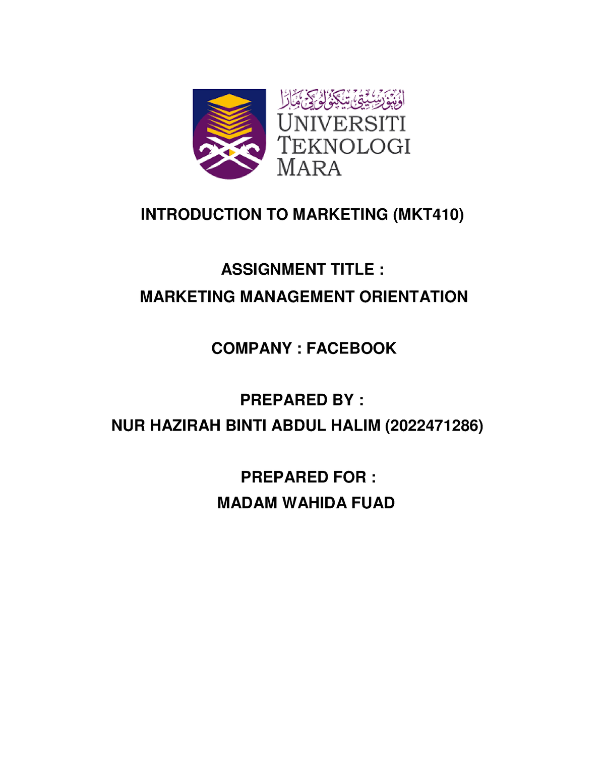 contoh assignment mkt 420 uitm