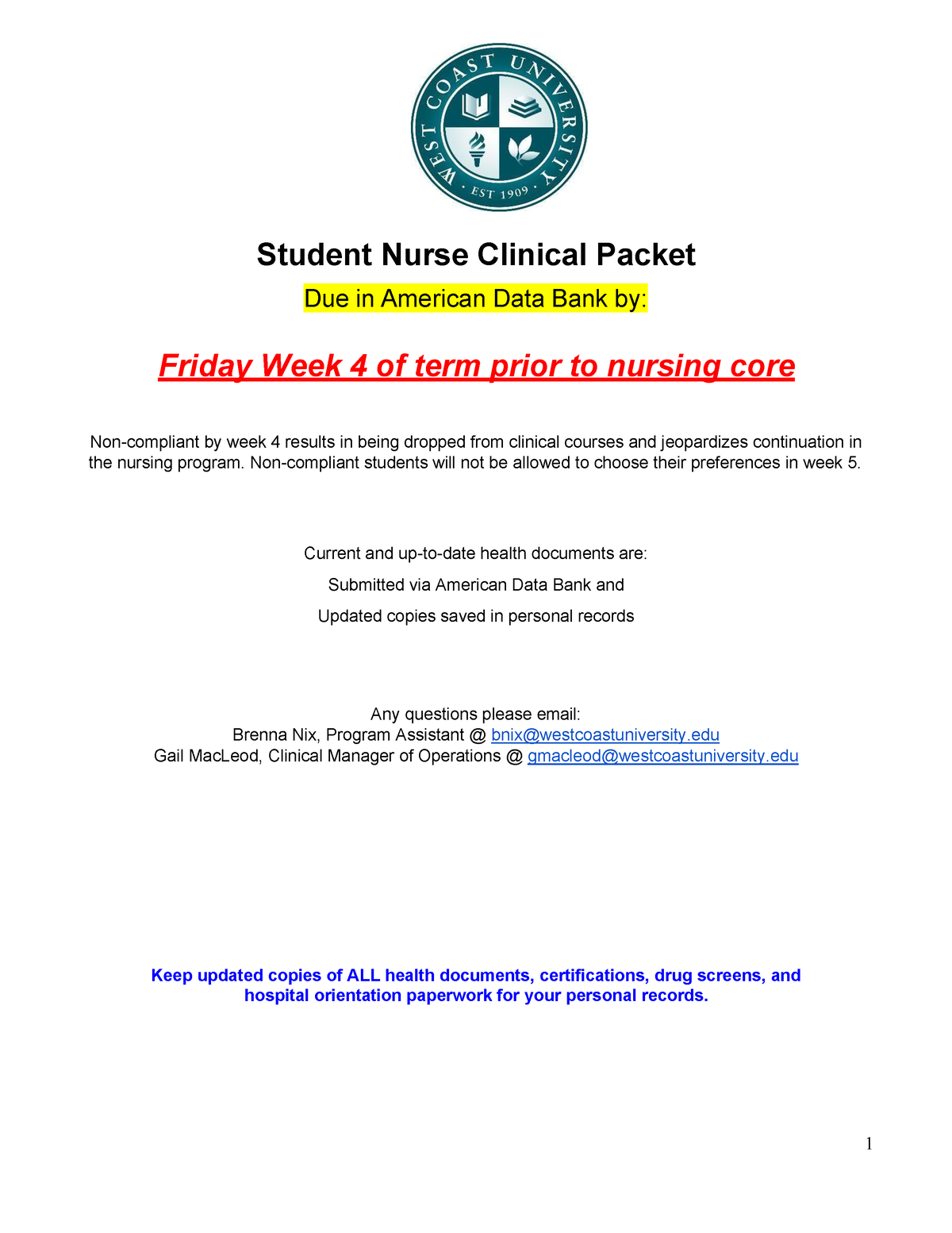Student Nurse Clinical Packet 7 - Non-compliant students will not be