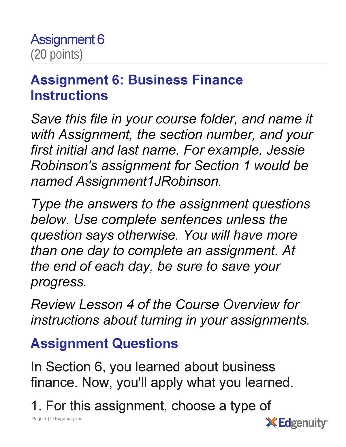 investing and financial markets assignment edgenuity