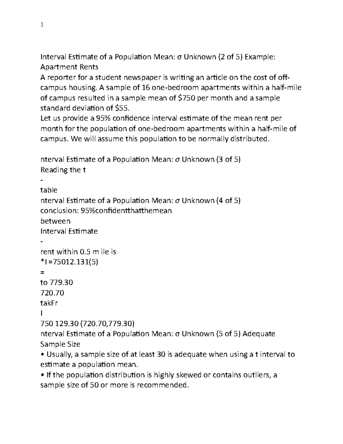 Chapter 8 Population Mean Lecture Notes p1 1 Interval Estimate of a