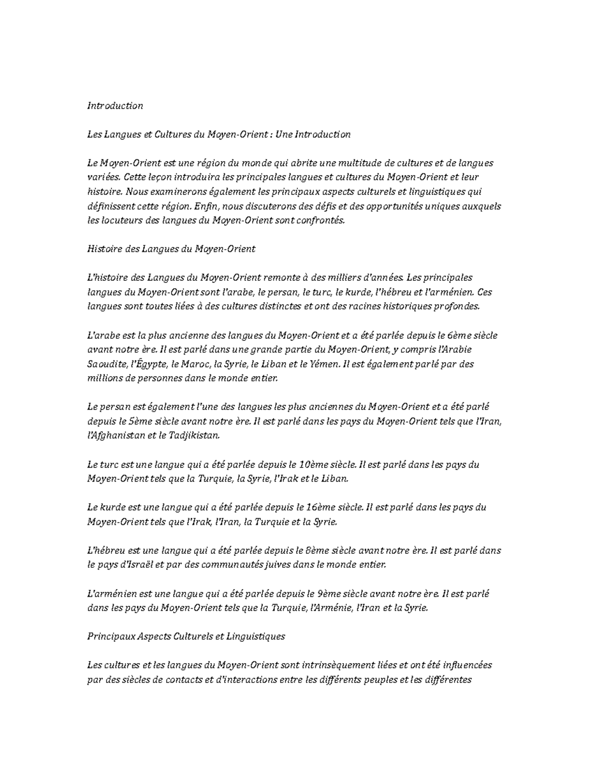 Middle Eastern Languages and Cultures Study Notes - Introduction Les ...