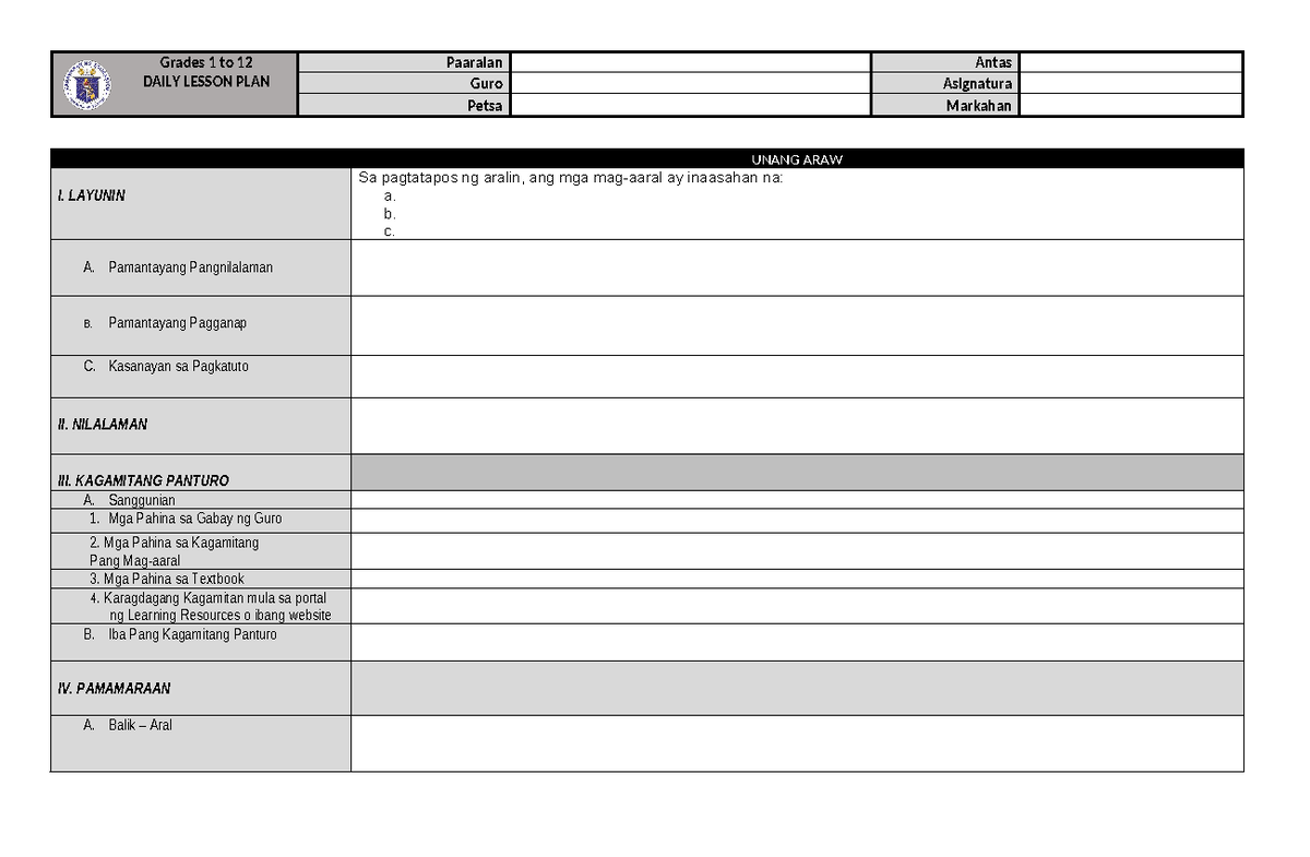 DLP Template Filipino Version - Grades 1 to 12 DAILY LESSON PLAN ...