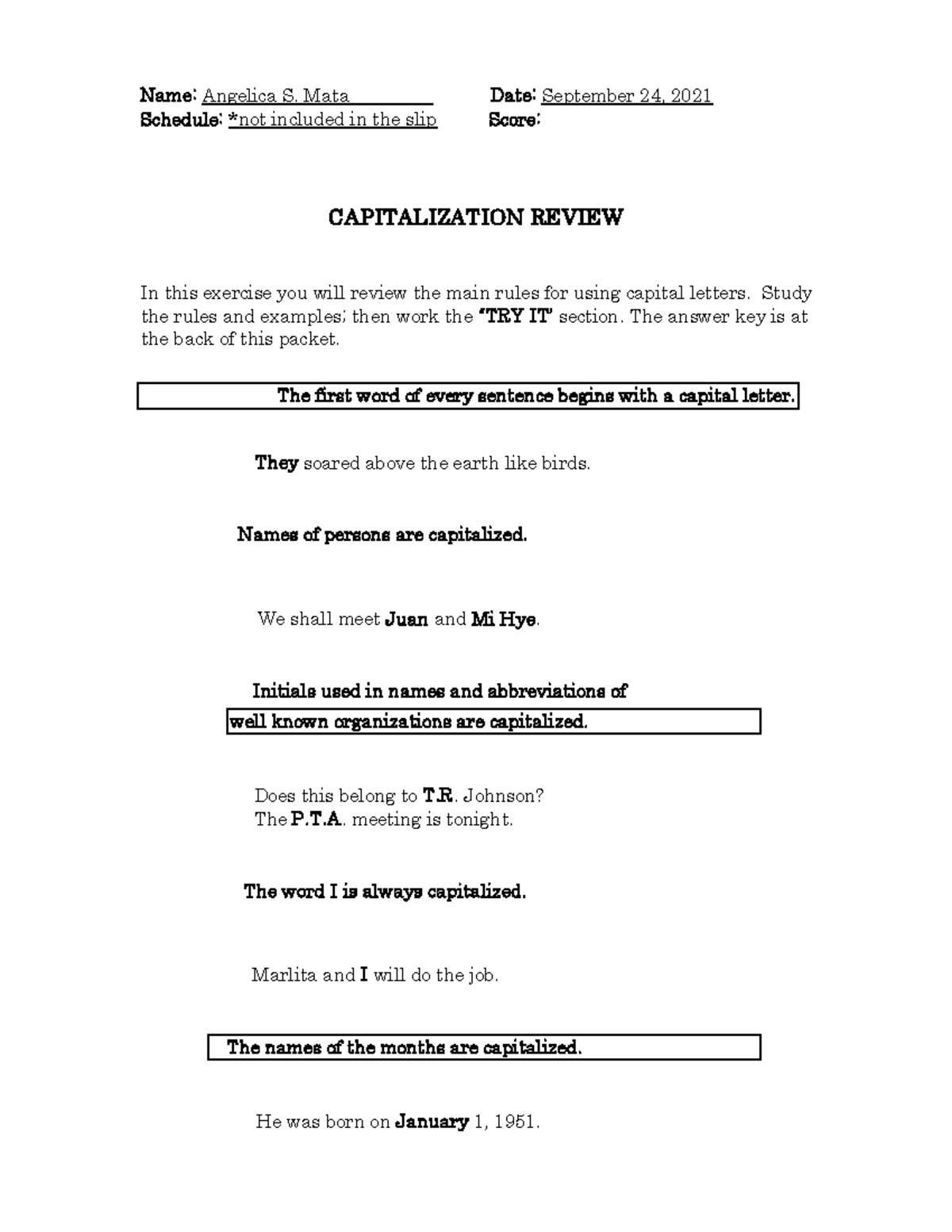 Capitalization Quiz - Quiz In English - Name: Angelica S. Mata Date ...