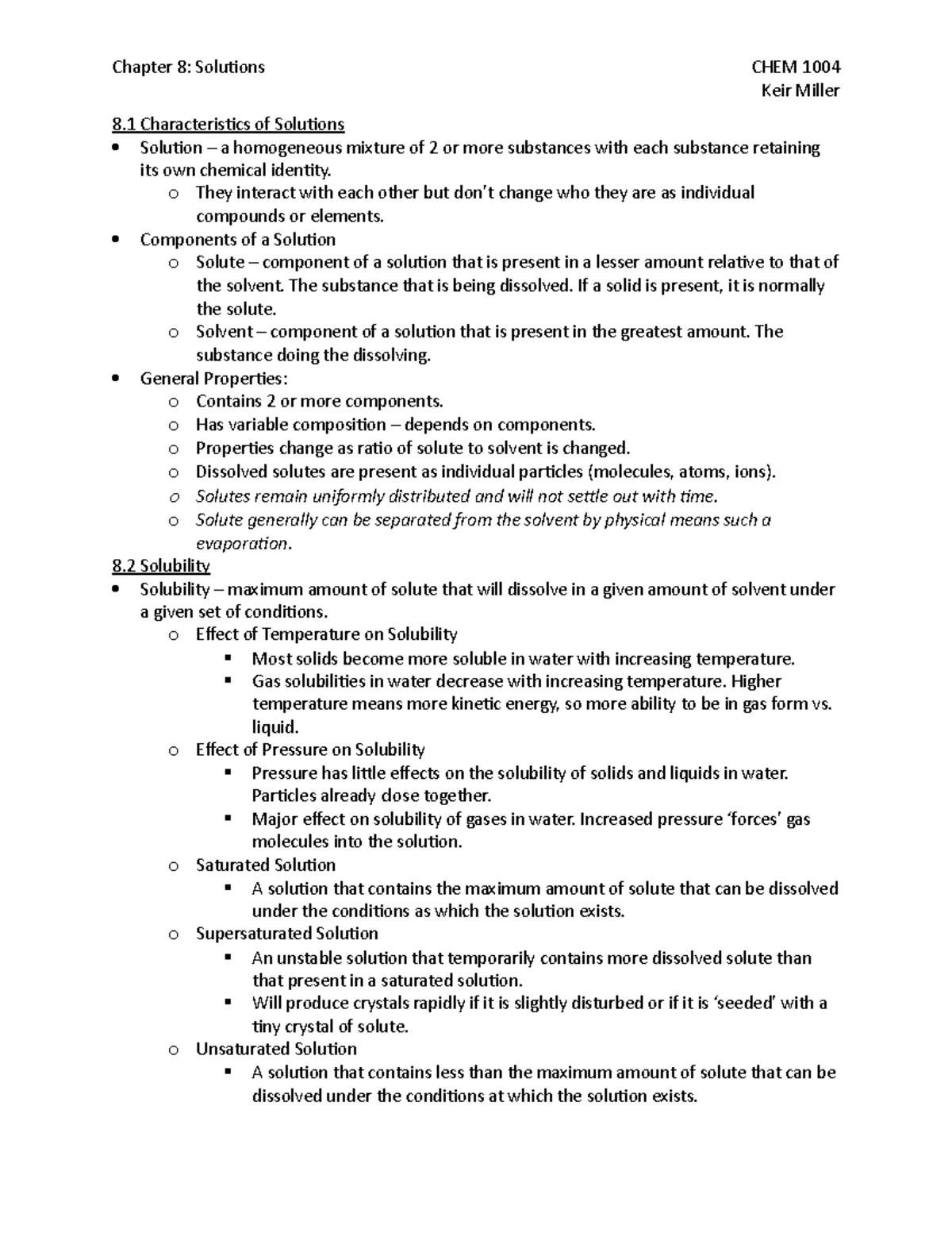 Chapter 8 Notes - Keir Miller 8 Characteristics of Solutions Solution ...