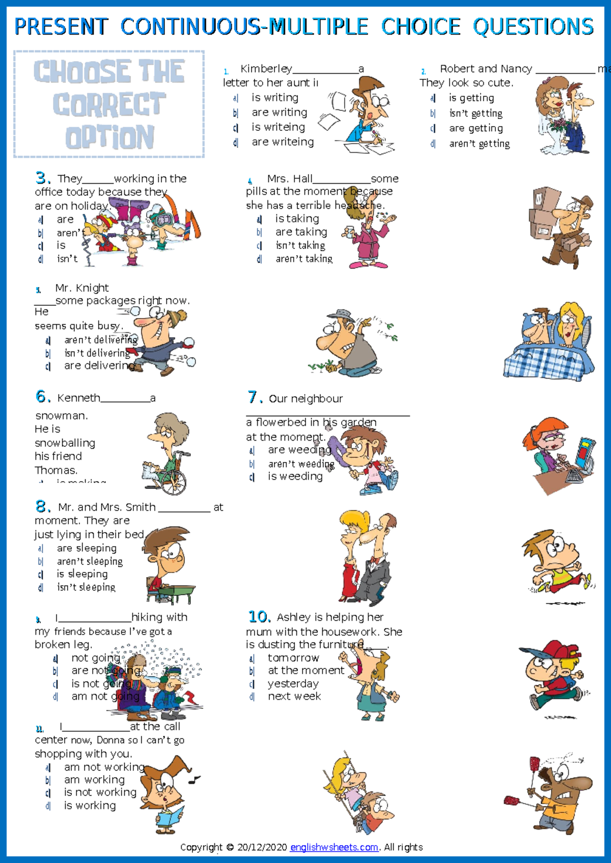 Present continuous tense esl printable multiple choice questions ...