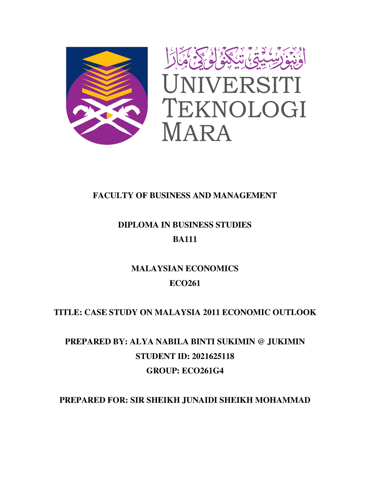 ECO261 Case Study - FACULTY OF BUSINESS AND MANAGEMENT DIPLOMA IN ...