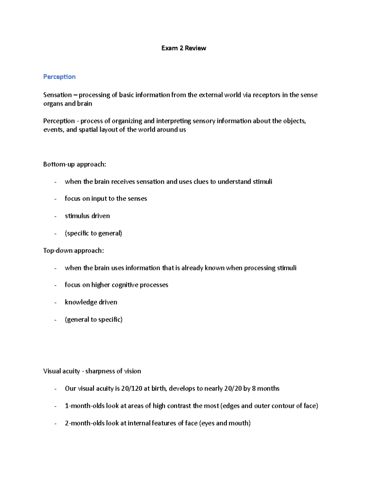 Psych Exam 2 Review - Exam 2 Review Perception Sensation – processing ...