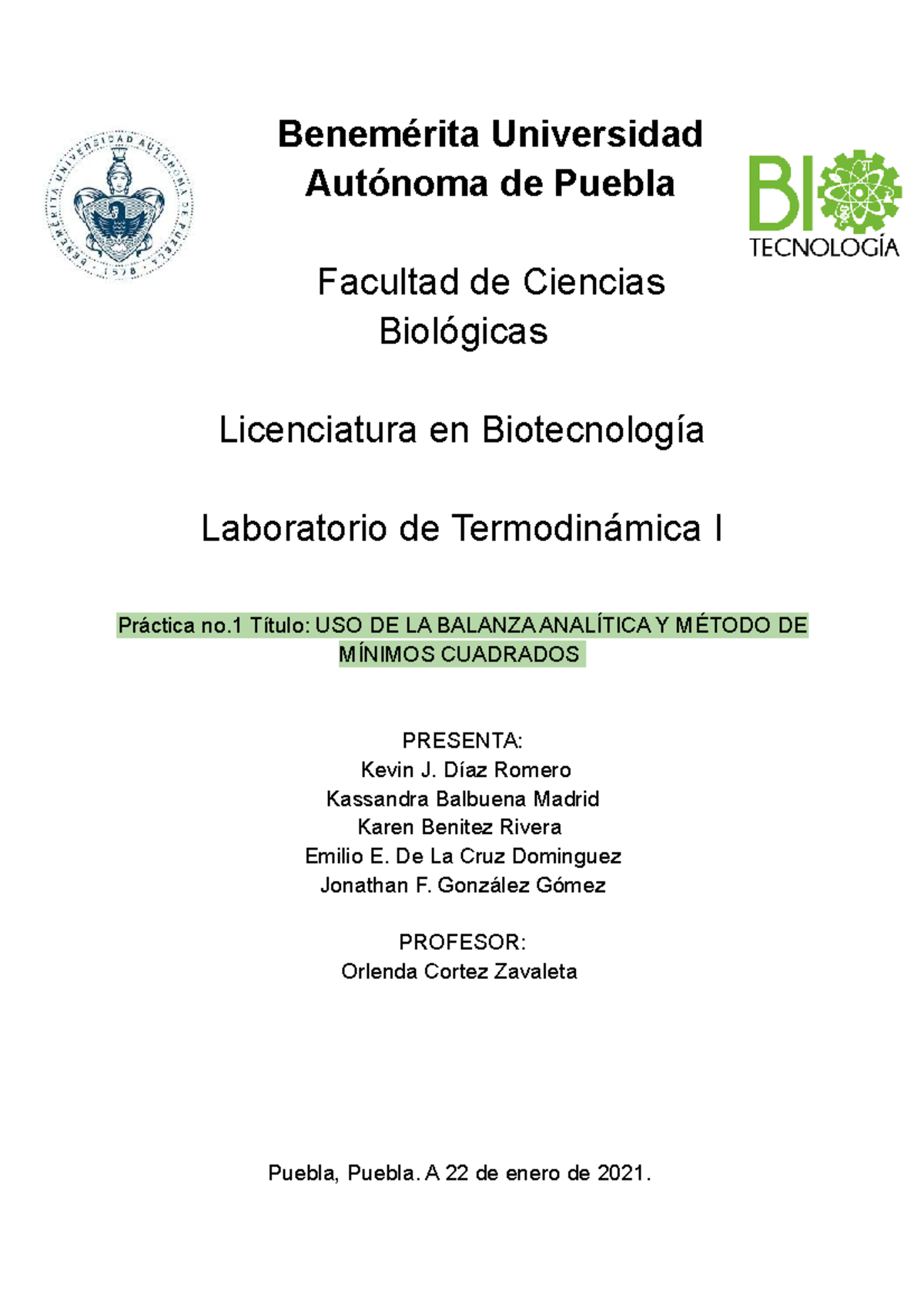 Reporte De La Práctica 1 Fisicoquimica 1 Benemérita Universidad Autónoma De Puebla Facultad 8351