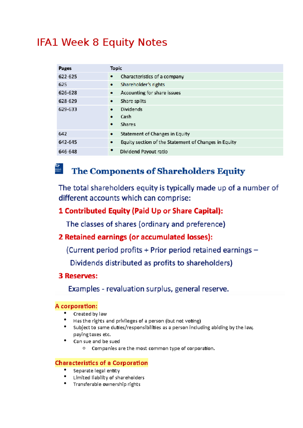 IFA1 Week 8 Equity Notes - IFA1 Week 8 Equity Notes A corporation ...