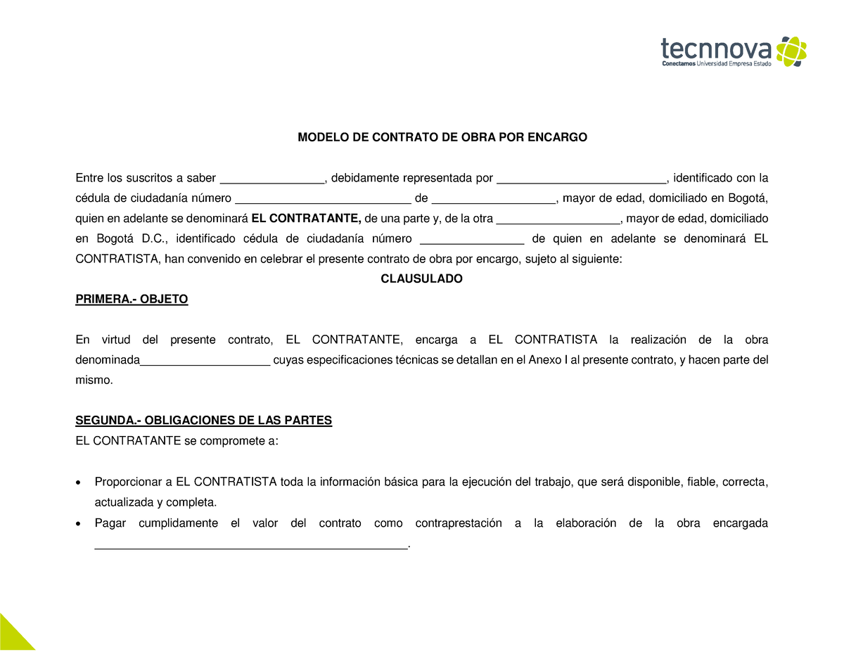 Modelo OBRA POR Encargo - MODELO DE CONTRATO DE OBRA POR ENCARGO Entre los  suscritos a saber - Studocu