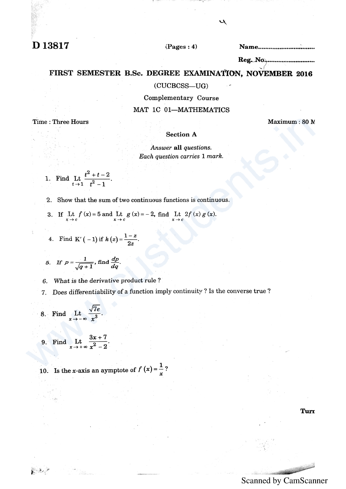 1st BSc Maths 2016 Question Paper - Bsc Maths - Studocu