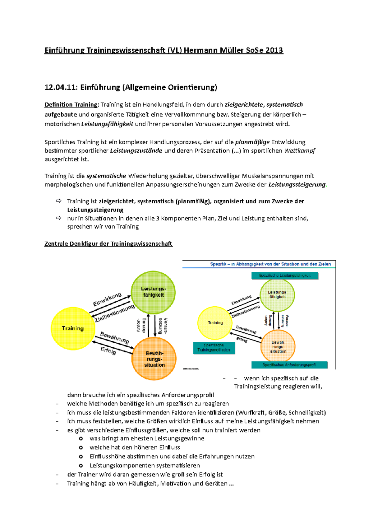 Vorlesung Trainingswissenschaft Zusammenfassung - Einführung ...