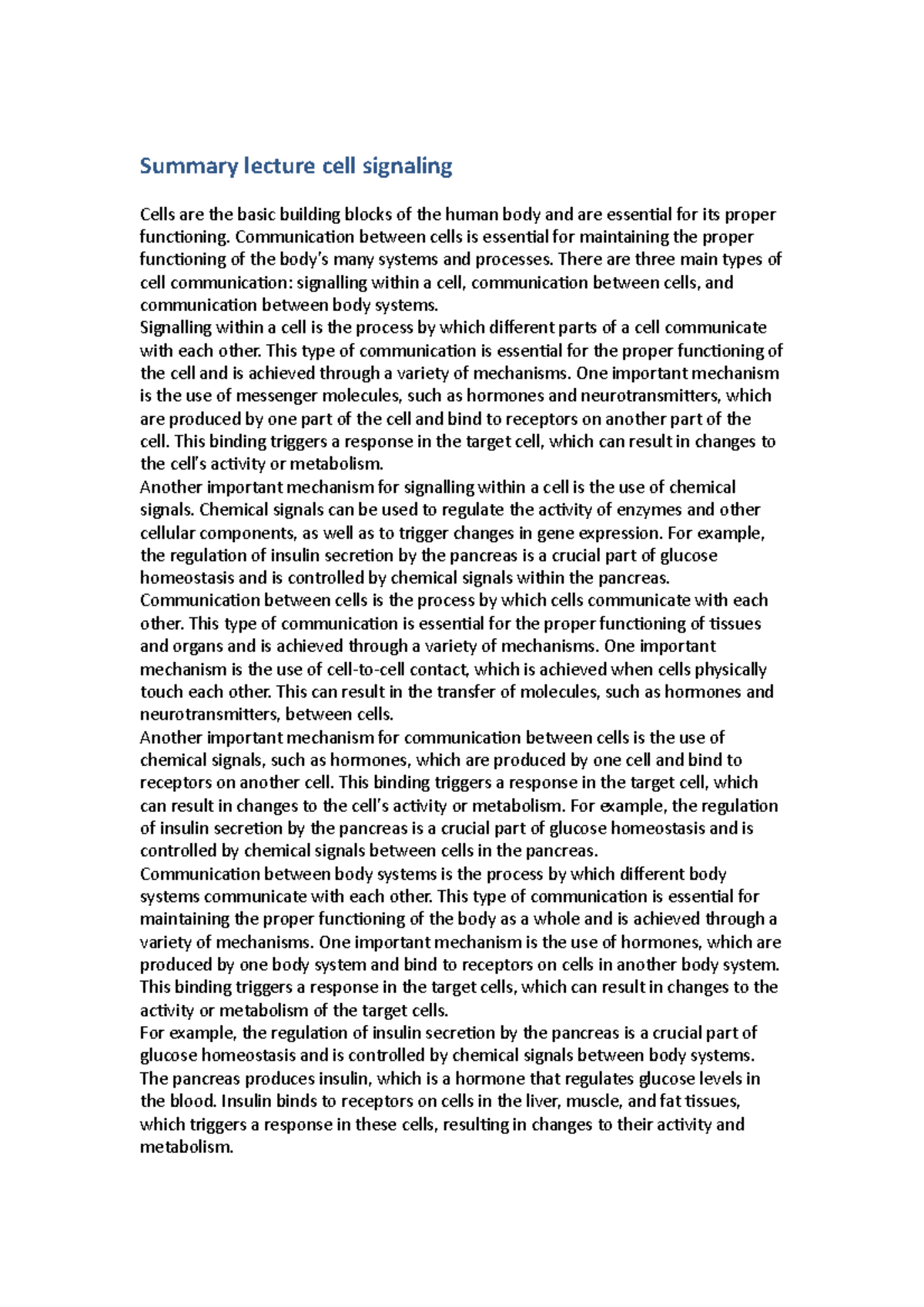 Summary lecture cell signaling - Communication between cells is ...