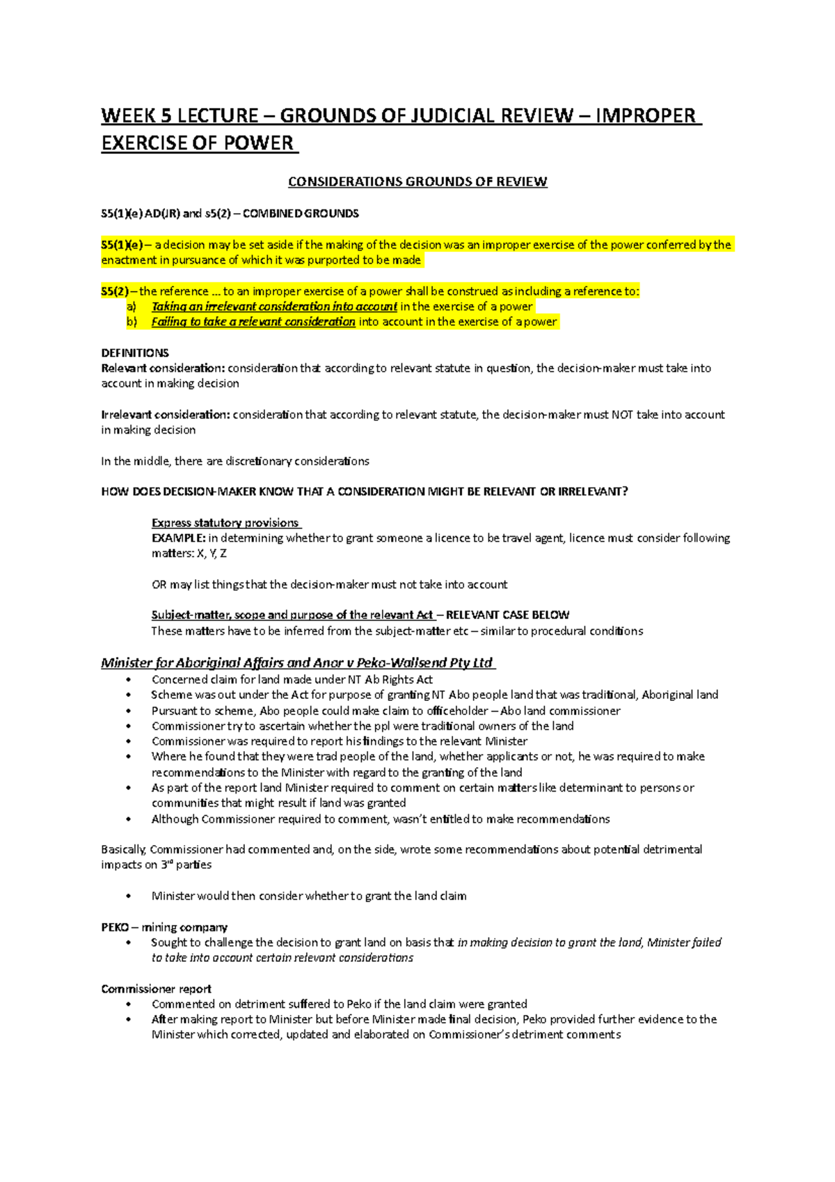WEEK 5 Lecture - Grounds - WEEK 5 LECTURE – GROUNDS OF JUDICIAL REVIEW ...
