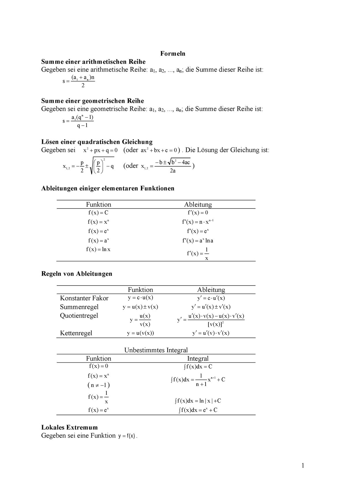 Formelsammlung Mathe Fom Studocu