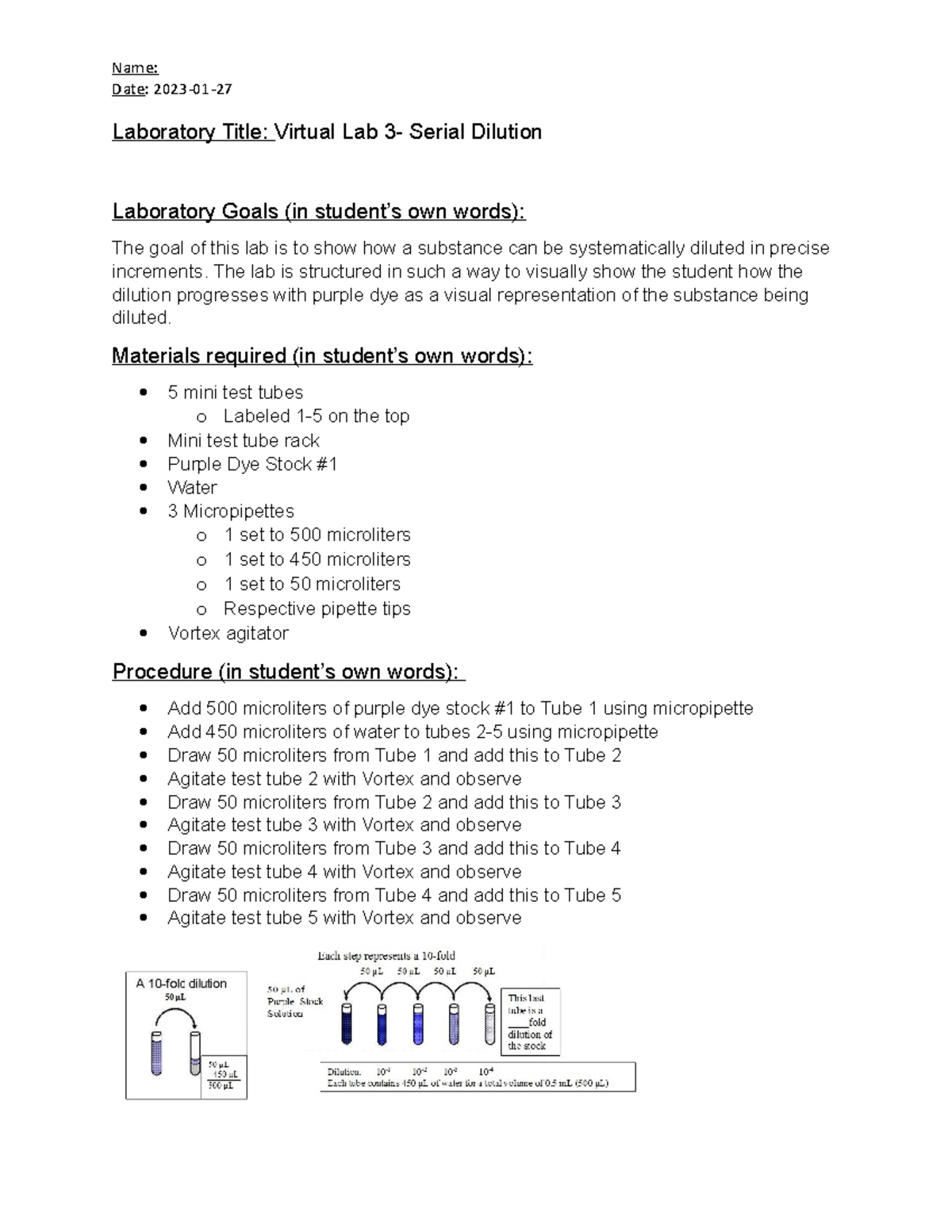 Virtual Lab 3 Serial Dilutions Name Date 202301 Laboratory Title