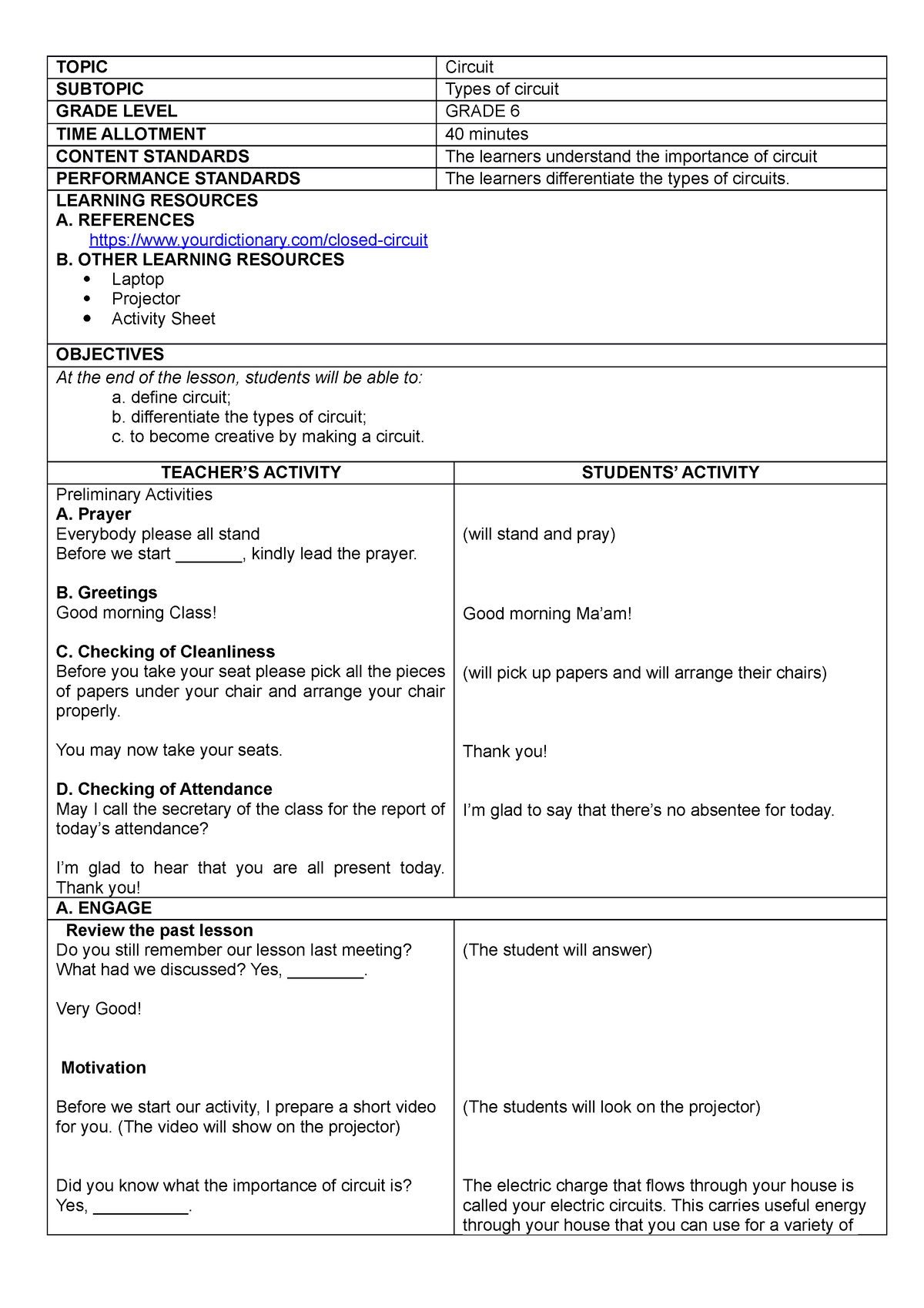 Lesson-PLAN- Circuit - Very informative - TOPIC Circuit SUBTOPIC Types ...