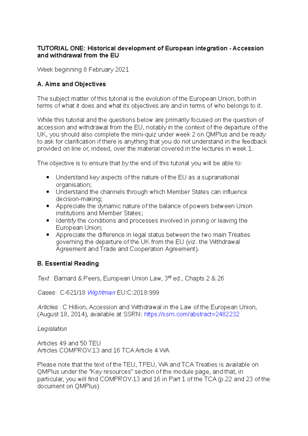 Tutorial 1 EU Law Notes - TUTORIAL ONE: Historical development of ...