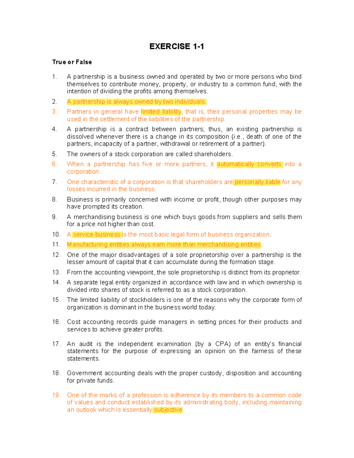 CA5101 Chapter 1 Exercise 1 KEY - EXERCISE 1- True or False A ...