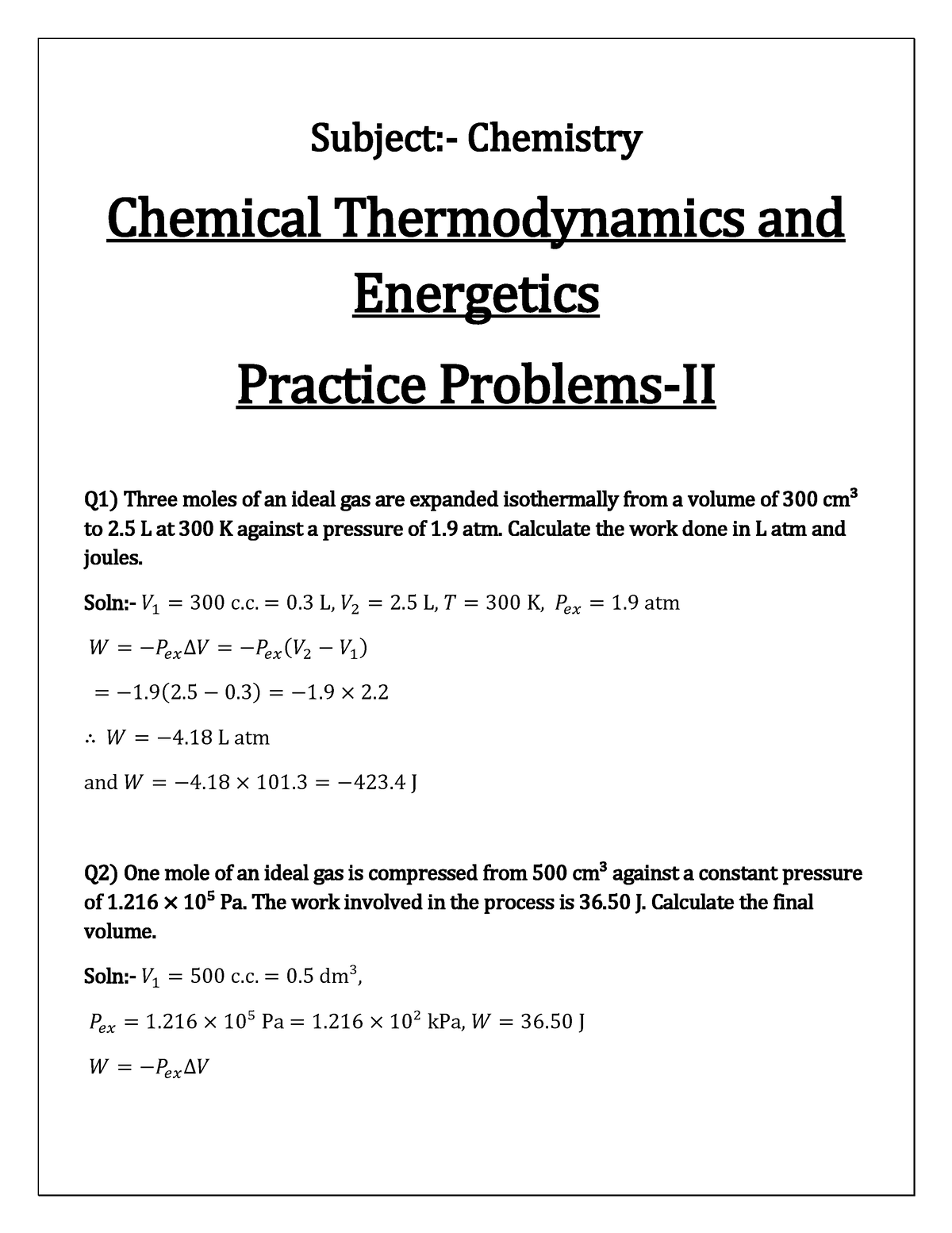 Chemical Thermodynamics And Energetics Practice Problems-2 - Subject ...