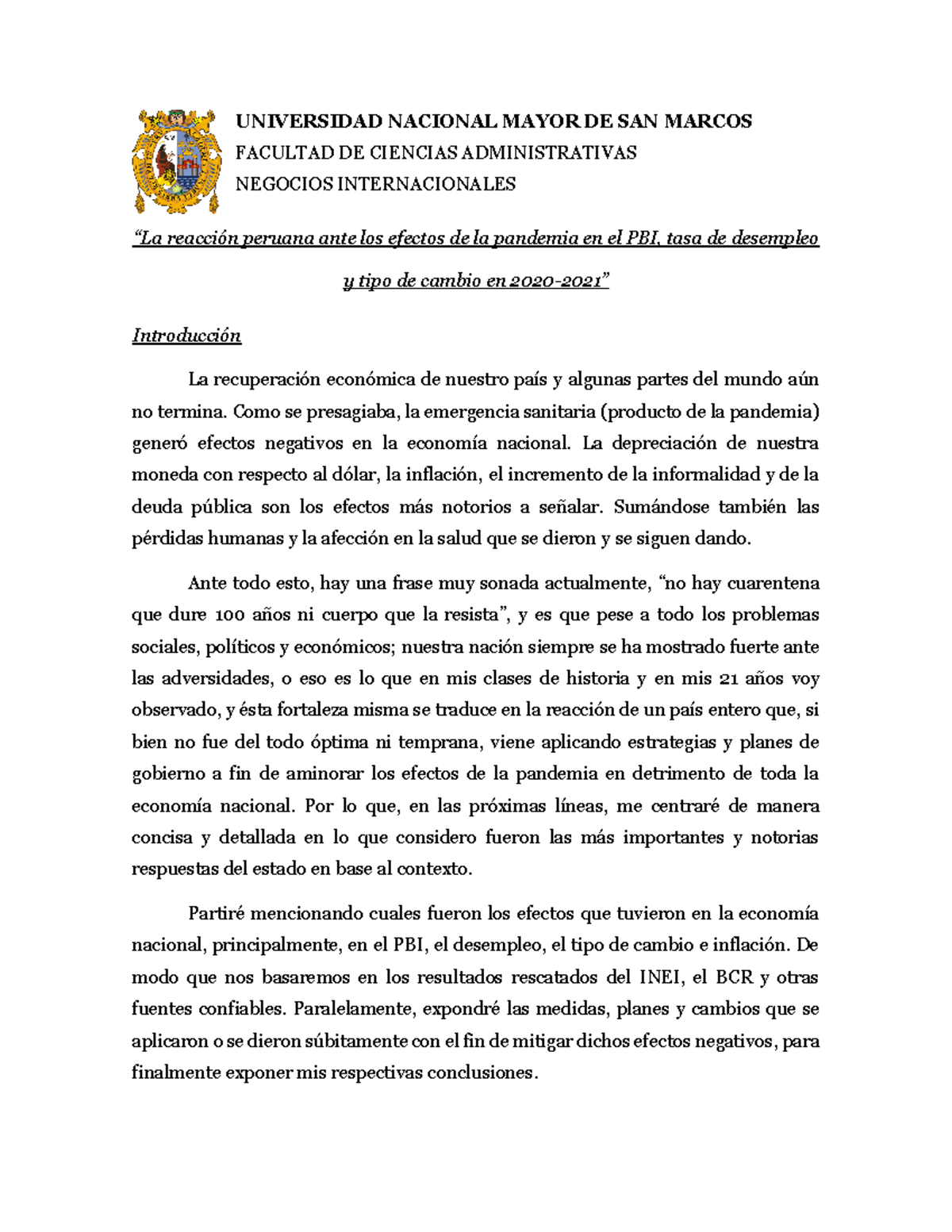 Ensayo Reacción peruana ante los efectos de la pandemia en el PBI, tasa ...