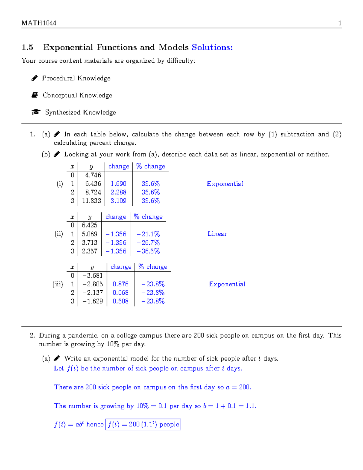 1.5 Exponential Functions and Models Solutions - 1 Exponential ...