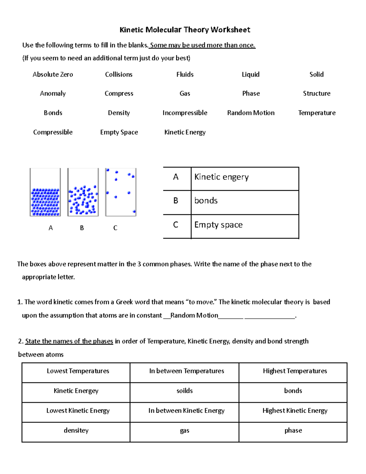 Copy Of P10 Kinetic Theory Of Matter Kinetic Molecular Theory Worksheet Use The Following