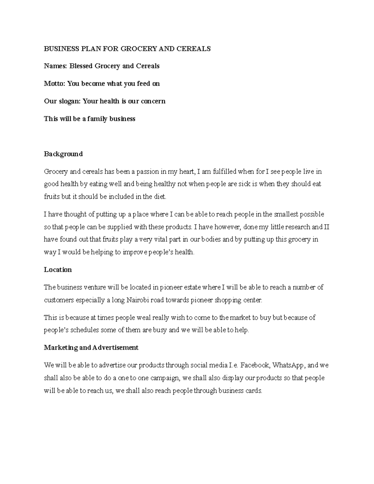 Business plan for grocery and cereals BUSINESS PLAN FOR GROCERY AND