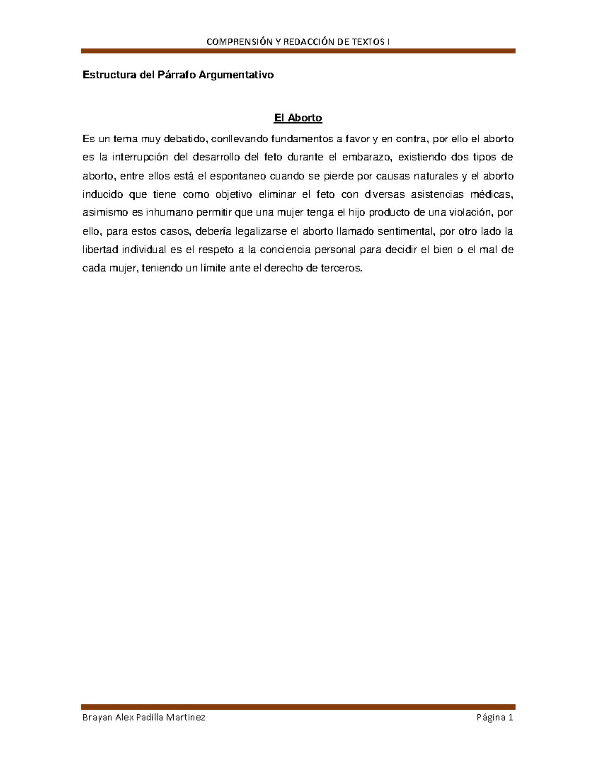 Parrafo Argumentativo - COMPRENSI”N Y REDACCI”N DE TEXTOS I Brayan Alex ...