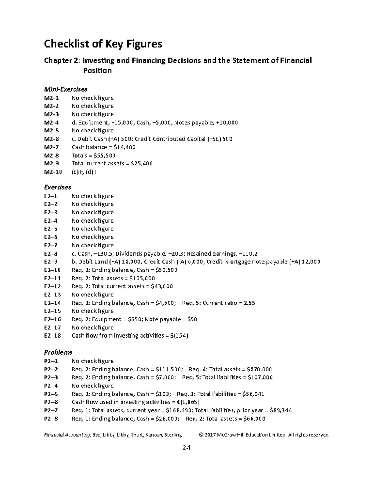 Libby 6ce Check Figures Ch02 - Checklist of Key Figures Chapter 2 ...