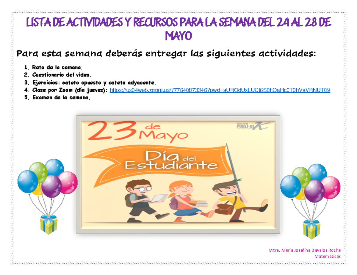 Lista DE Actividades Y Actividades PARA LA Semana DEl 24 AL 28 DE MAYO ...