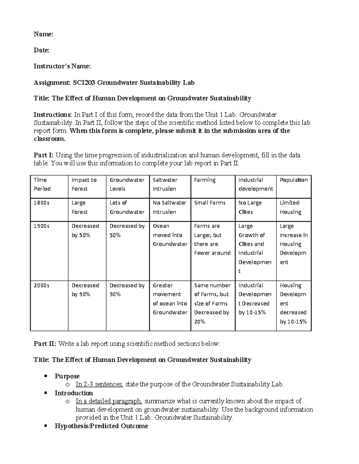 SCI203 Unit 1 Lab Report - Name: Date: Instructor’s Name: Assignment ...