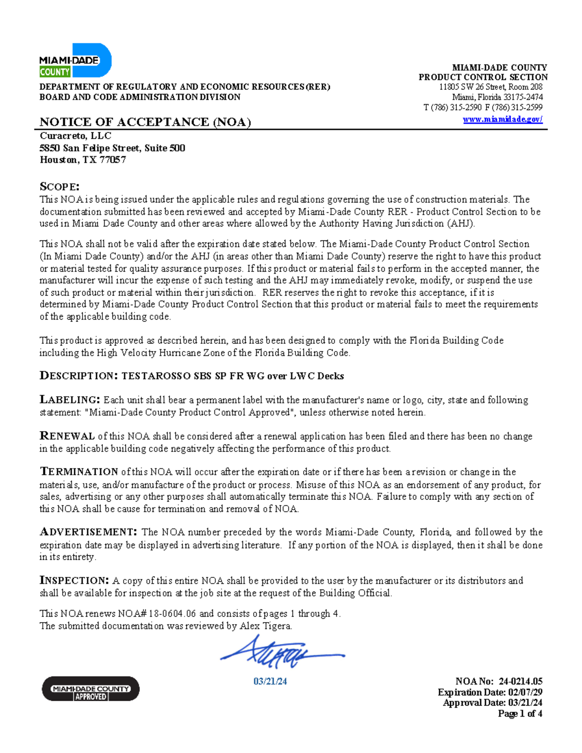 Miami Dade NOA Curacreto 2024 - NOA No: 24-0214. Expiration Date: 02/07 ...