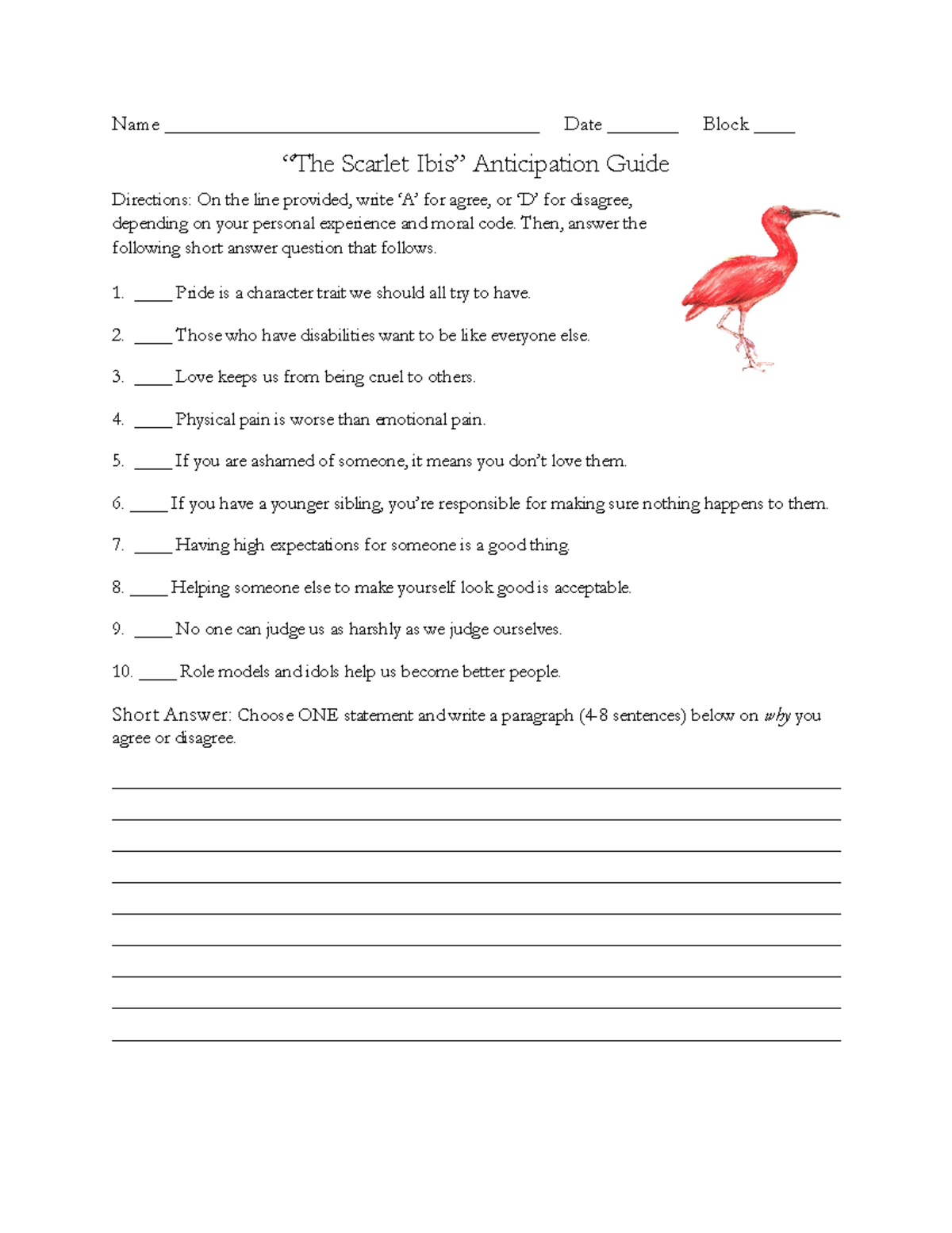 Scarlet Ibis Anticipation Guide - Name