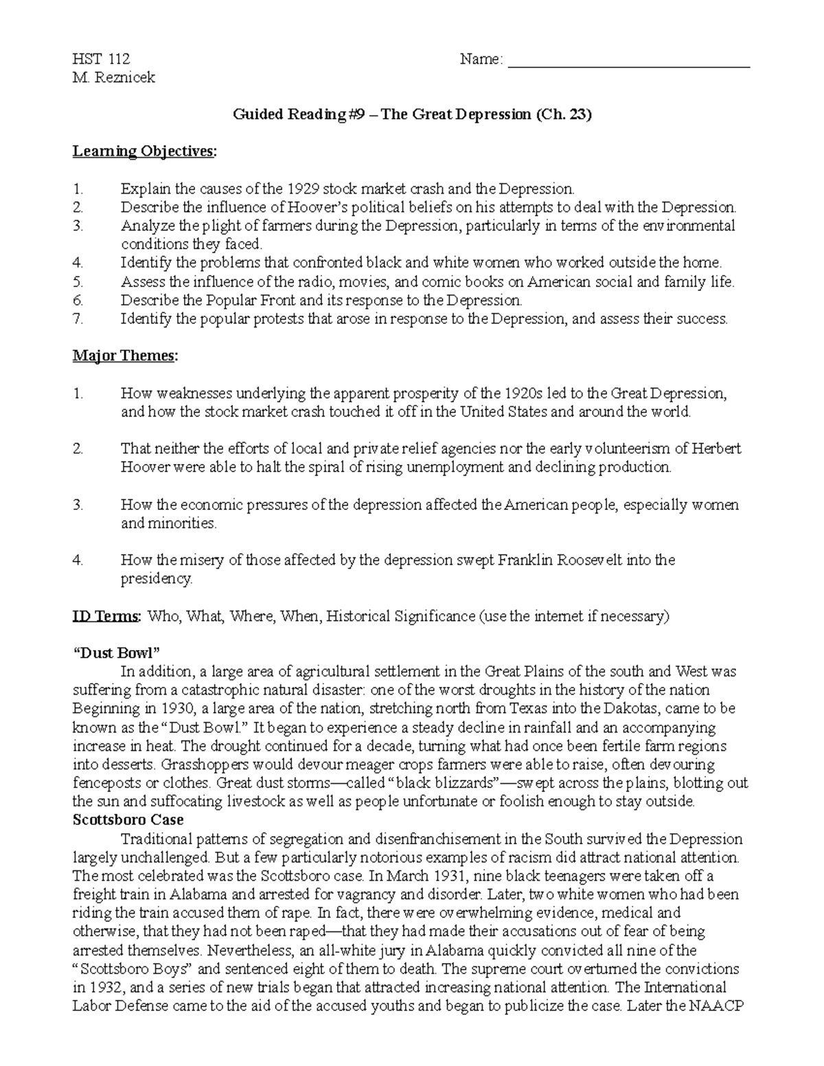 HST 112 - GR #9 - The Great Depression (Ch 23) - HST 112 M. Reznicek ...