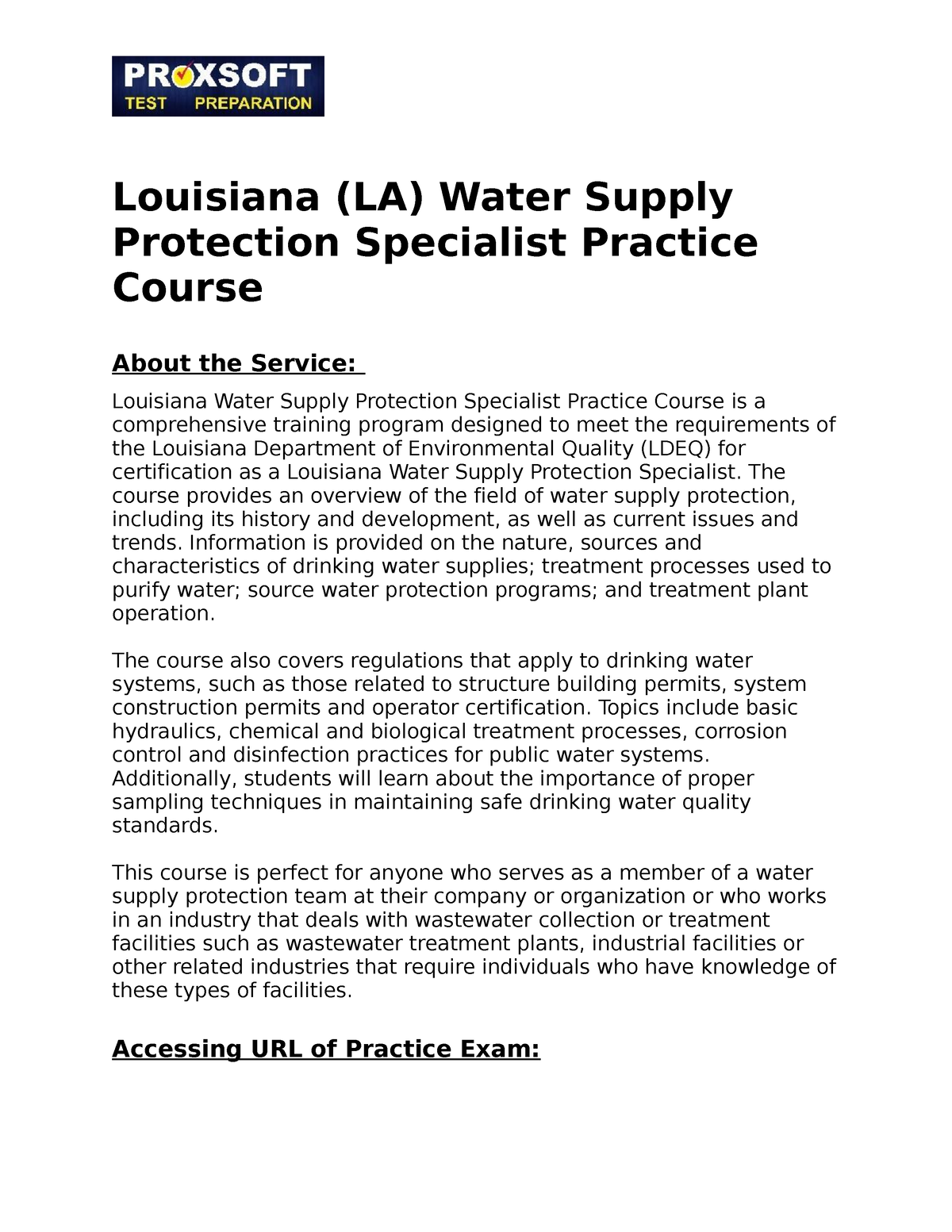 Louisiana (LA) Water Supply Protection Specialist Practice Course